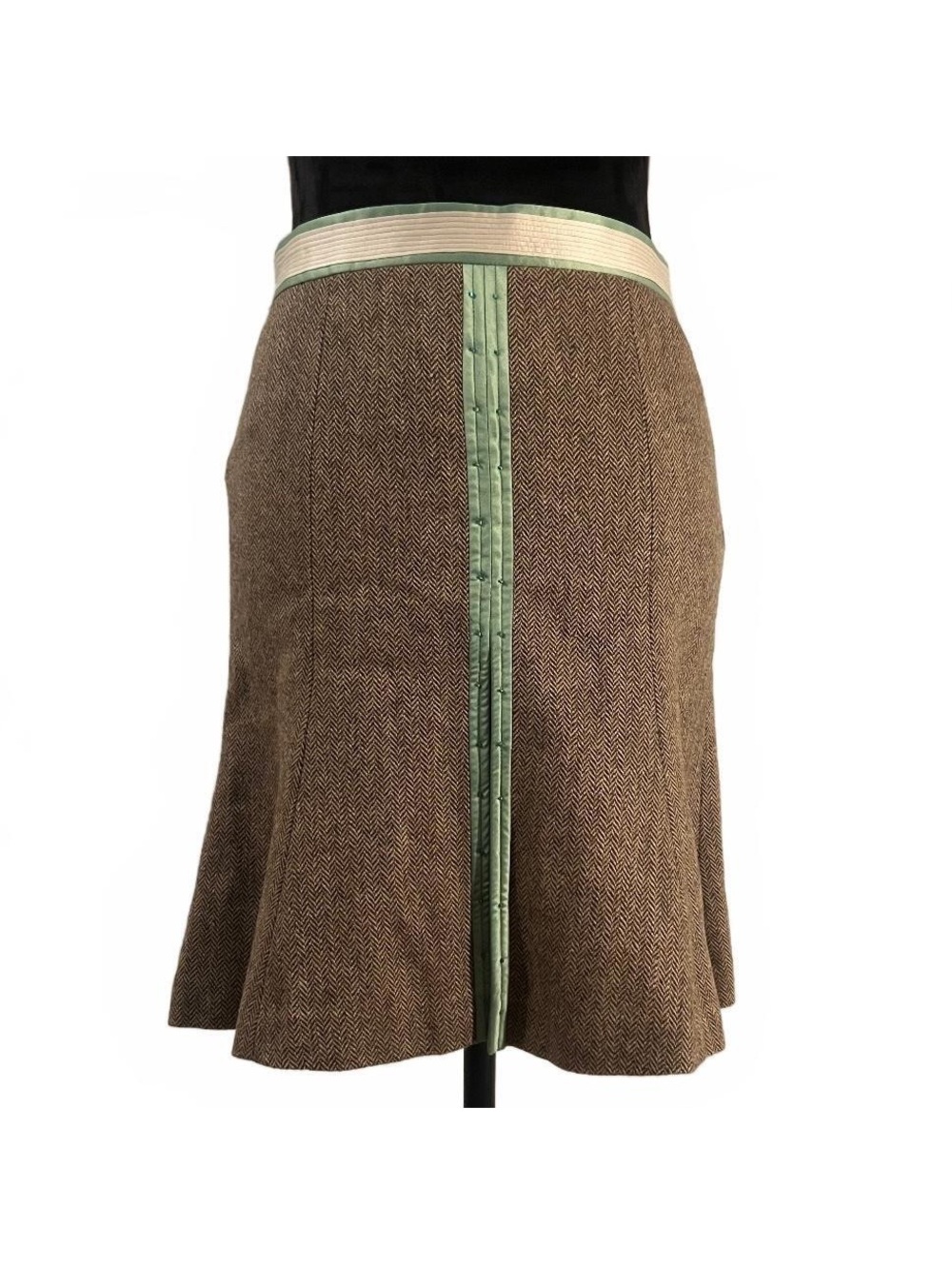 Y2K Brown Wool Herringbone Green Ribbon Trim Flare Skirt 2000’s Office Siren